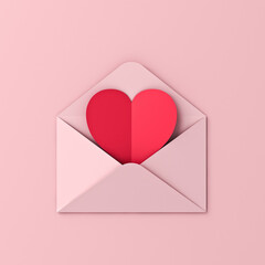 Blank heart paper card in pink envelope isolated on pink pastel color background with shadows minimal conceptual for valentines day 3D rendering