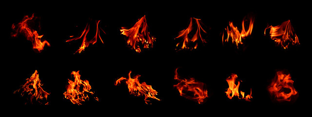 Fototapeta na wymiar A set of bonfire on a black background The heat energy that burns the fuel at night/Heat energy fire burning a long way, 9 pictures