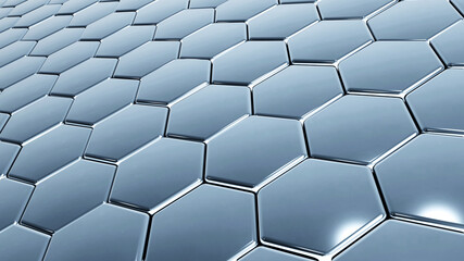 Naklejka premium Hexagons silver geometric background, perspective view of steel chrome honeycomb pattern metallic shapes , 3D render technology illustration.