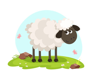 Obraz na płótnie Canvas Cute sheep vector flat illustration with landscape isolated on white background. Farm animals cartoon sheep character an a grass