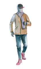 Figures of young people in casual clothes. They go to the viewer. Full-length. Watercolor illustration