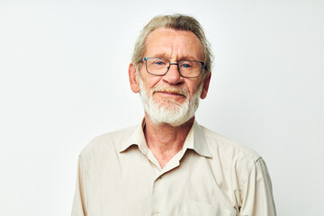 Portrait of happy senior man smile emotion hand gesture light background