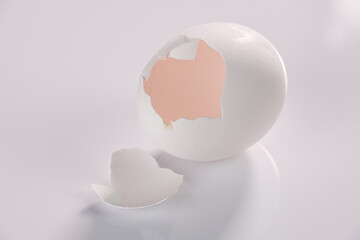 Leere Eierschale liegt auf einem hellen neutralen Hintergrund - Offenes Ei, zerbrechlich