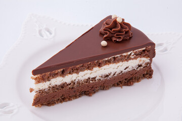 Piece of sweet and tasty chocolate cake on white plate