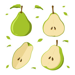 A set of green pears in different positions. Whole fruit, half, quarter. Vector