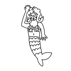 Vector simple illustration with Mermaid on white isolated background.Ocean,Summer underwater animal hand drawn in doodle style.Design for postcards,stickers,packages,social media,web,coloring.