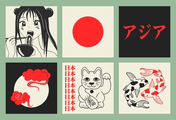 Hand drawn, Asian style set. Big set of vector illustrations, collage, cartoon style, flat design. Images in newspaper style. All elements are isolated. Square posters.