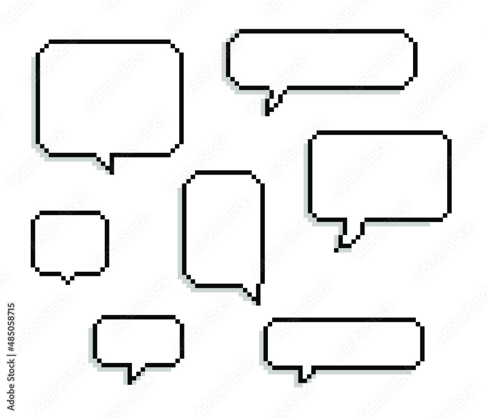 Poster set of speech bubbles in pixel art retro 90's style.