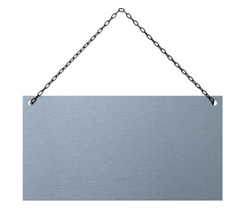 A hanging metal sign on a white background