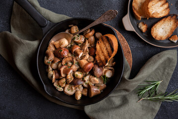 Porcini mushrooms cooked in a frying pan with grilled bread