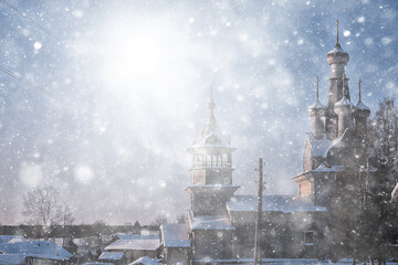 Obraz premium wooden church in the Russian north landscape in winter, architecture historical religion Christianity