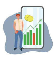 A modern guy in a vest and jeans in front of a large phone with graphs. Flat illustration for business.