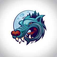 Angry wolf with full moon logo design