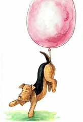 Airedale terrier dog flying on baloon watercolor illustration 