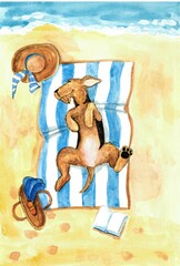 Cute airedale terrier dog laying on the beach getting tan watercolor illustration 