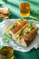 Sandwich with chicken, cucumber and arugula on a green background