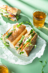 Sandwich with chicken, cucumber and arugula on a green background
