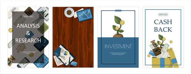 Financial investment banners. Vector flat Backgrounds for the website, app. Banking operations, cashback, investments, mobile service. Cartoon images for business