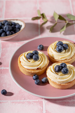 Cake tart with blueberries and whipped cream on a pink background vertical photo