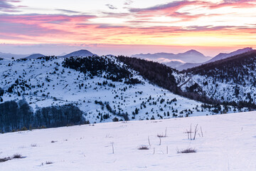 Cold winter sunrise in the mountain (Coll d'Ares, border between Spain and France, Catalan Pyrenees)