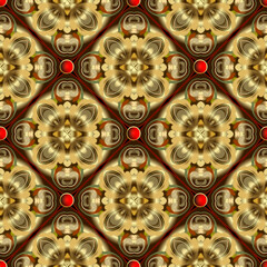 Gold 3d flowers seamless pattern. Vintage floral luxury background. Surface round mandalas, buttons. Vintage golden flowers 3d ornament. Beautiful ornate jewelry repeated design. Endless texture