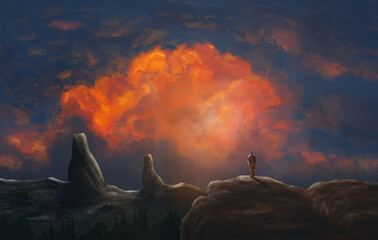 Naklejka na ściany i meble Man, hiker standing on mountain land with forest and sunset sky. Digital painting, fantasy landscape