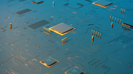 3d rendering of a futuristic circuit board with surface mount components, including capacitors, chipsets and microprocessors