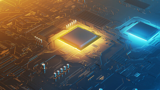 3d rendering of a futuristic circuit board with surface mount components, including capacitors, a chipset and a microprocessor