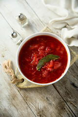 Traditional homemade beetroot soup with bay leaf