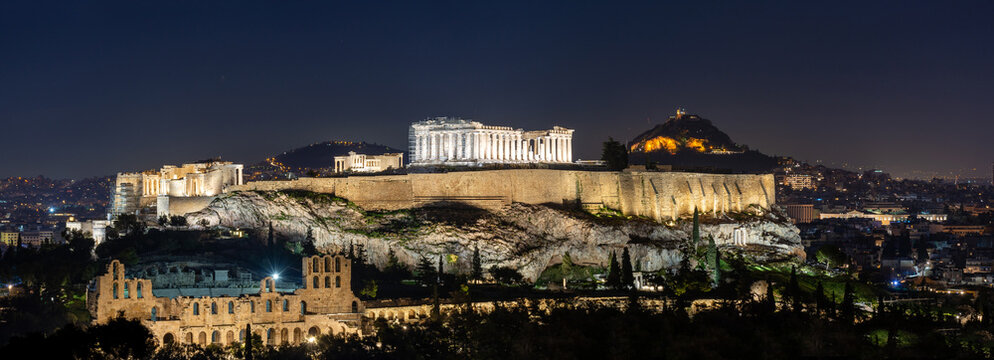Greece Athens at night, view of the temple of the Acropolis Parthenon, cityscape