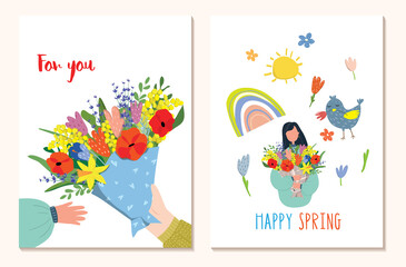 Spring vector postcard. Bouquet of flowers.Drawings for a postcard, poster, banner or social media post. Square postcards. Mothers Day. Happy Spring