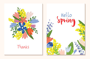 Spring vector postcard. Bouquet of flowers.Drawings for a postcard, poster, banner or social media post. Square postcards. Womens Day. Hello Spring