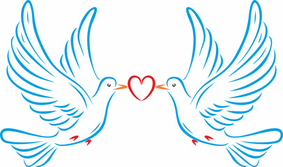 Vector colored two doves with a heart. Love of two birds. Symbol of happiness.
