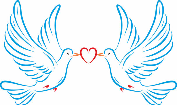 Vector colored two doves with a heart. Love of two birds. Symbol of happiness.
