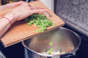 Soup preparation of green fresh leek vegetable.