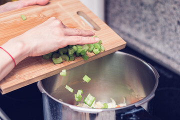 Soup preparation of green fresh leek vegetable.