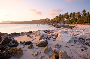 Beautiful tropical landscape with traditional fishing longtail boats on the beach.