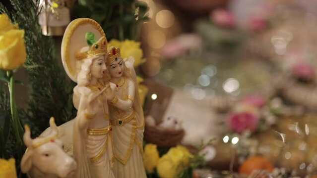A closeup shot of Lord Krishna's sculpture at an India wedding Venue in New Delhi,India

