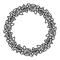 Vector hand drawn spring wreath isolated on white background. Outline circle of leaves. Doodle style. Floral frame.