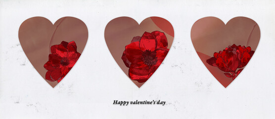 Recurso grafico para el día de San Valentín. Fondo o banner de corazones con textura de acuarela y flores