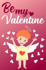 Happy Valentine s Day greeting card. Holiday congratulations. Baby boy cupid angel with wings. Pink and red gradient background. Cartoon style. Cute and funny. Love and romance. Little white hearts