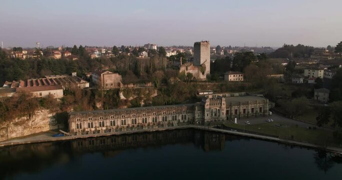 Aerial view of hydroelectric power plant in Trezzo sull'Adda in parallax