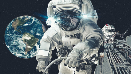 Astronaut spaceman do spacewalk while working for spaceflight mission at space station . Astronaut wear full spacesuit for operation . Elements of this image furnished by NASA space astronaut photos .
