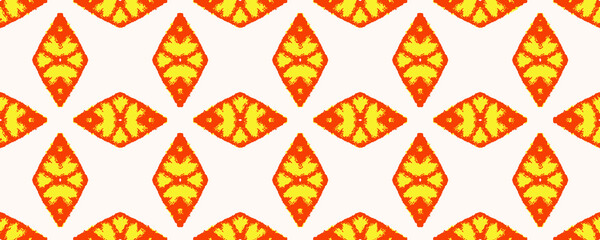 African Ethnic Pattern. Geo Tribal Background. Yellow Geometric Abstract Geos. Traditional Tile Repeat. Orange Yellow Indian Craft Decor. Vector Ethnic Seamless Pattern.  Ikat Batik.