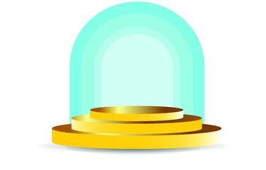 Golden pedestal podium , decorative blank gold sphere,Semi circle backdrop in  light blue color, 3D vector rendering, presentation, studio room, minimal wall backdrop.