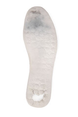 Old and shabby orthopedic insoles isolated on white background. Dirty leather insoles. Worn out things with holes. Inner soles of shoes. Top view banner close up