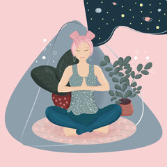 Vector illustration of a girl with pink hair relaxing, meditating. The concept of female pacification.