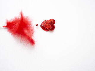 Red hearts with red feathers. Decor two hearts