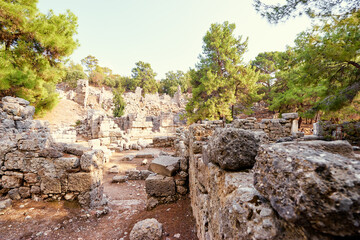 Fototapeta na wymiar Travel and architecture. Ancient ruins in antique town Phaselis, Turkey.