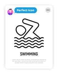 Swimming sign: man in water thin line icon. Sport activity. Vector illustration.